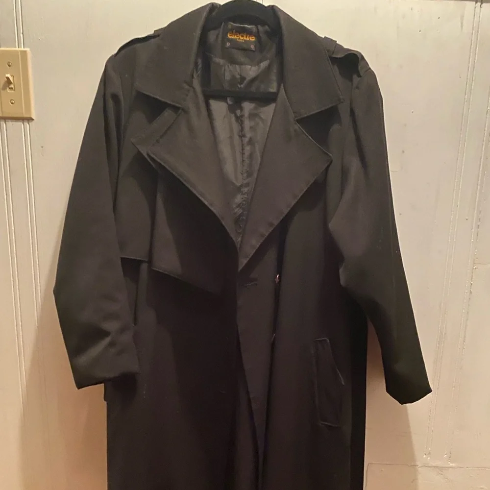 Vintage 80s 90s 100% Wool Black Trenchcoat Coat S M - Picture 1 of 6